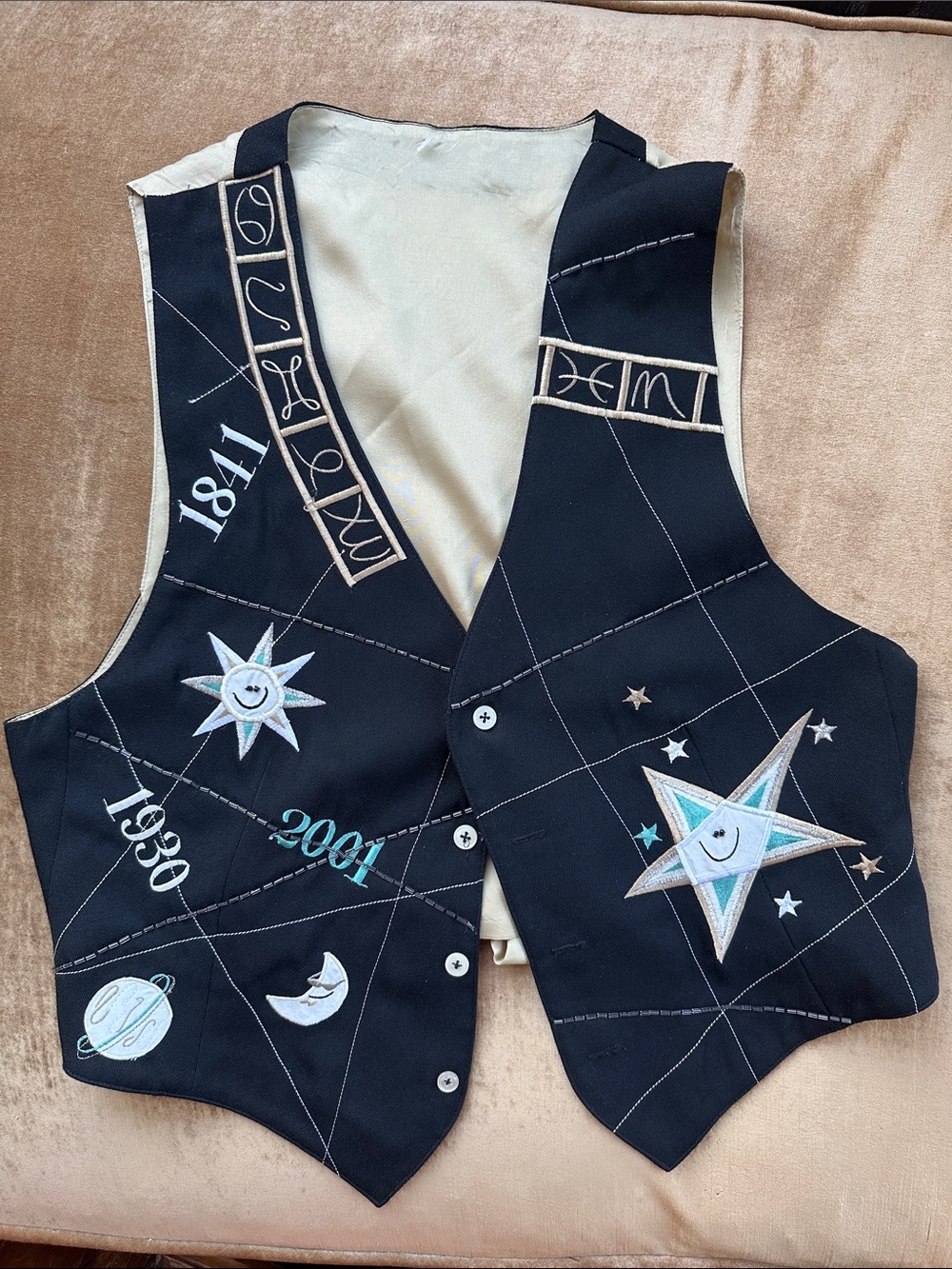 Vintage Vest Embellished Beads Embroidery Universe Cosmos Stars Lined approx S/M